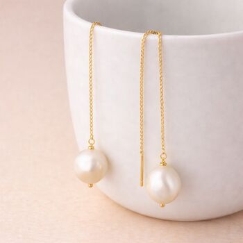 Gold Plated Sterling Silver Freshwater Pearl Threader Drop Earrings, 2 of 5