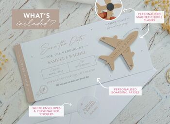 Beige Wedding Boarding Pass Save The Date With Beige Magnetic Plane, 2 of 7