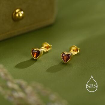 Tiny Garnet Red Cz Heart Stud Earrings, 4 of 12