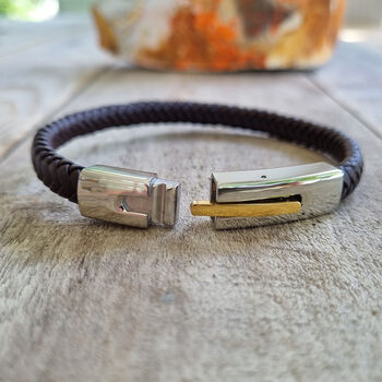 Mens Leather Bracelet With Gold And Silver Clasp, 3 of 7