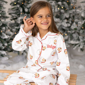 Girl's Personalised Christmas Santa Print Pyjamas, 4 of 12