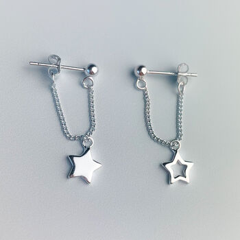 Sterling Silver Star Dangle Chain Loop Stud Earrings, 3 of 4