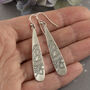 Mehndi Pattern Long Slim Earrings In Sterling Silver, thumbnail 3 of 3