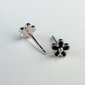 Sterling Silver Tiny Black Or White Flower Stud Earrings, 7 of 9