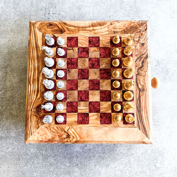 Personalised Handmade Olive Wood Full Chess Board Set, 5 of 12