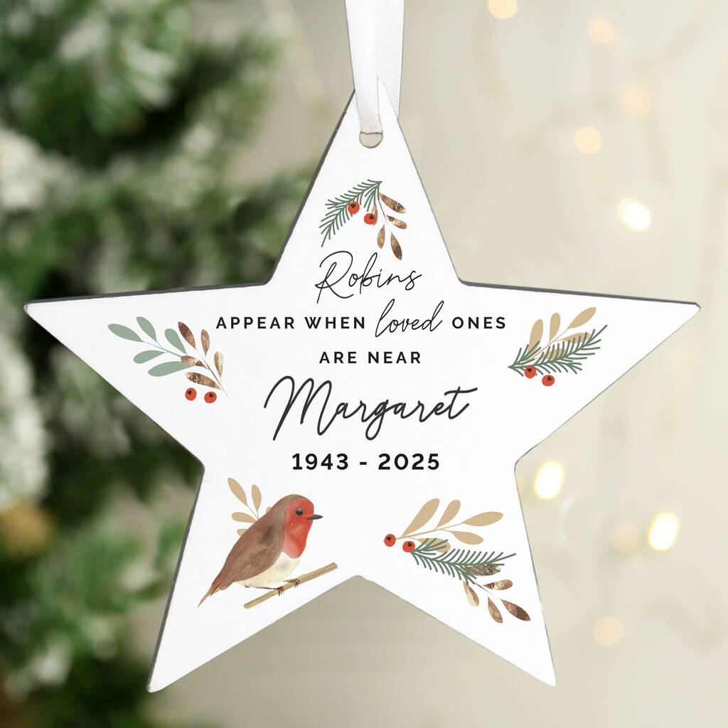 Personalised 'Robins Appear' Memorial Star Ornament, 1 of 4