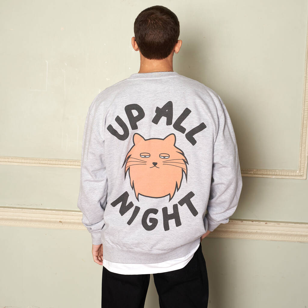 Up All Night Men's Cat Slogan Sweatshirt, 1 of 6