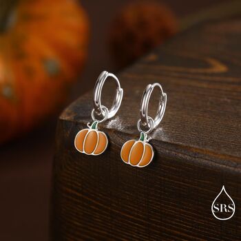 Enamel Pumpkin Huggie Hoops Earrings In Sterling Silver, 5 of 10