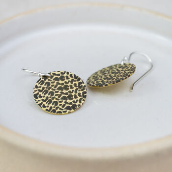 Sterling Silver And Brass Leopard Print Disc Earrings, 4 of 5
