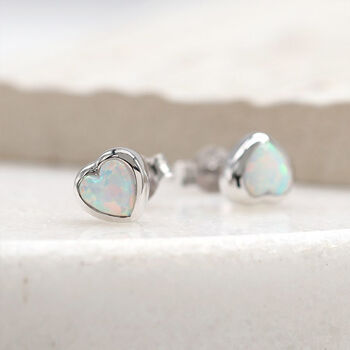 Sterling Silver Opal Heart Stud Earrings, 2 of 4