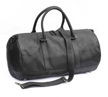 Black Leather Travel Duffle Bag Holdall With Personalised Luggage Tag, 3 of 5