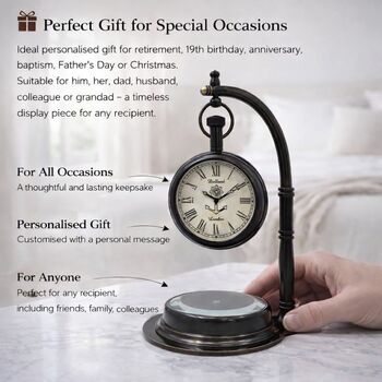 Engraved Vintage Black Desk Clock With Compass Base, 8 of 12