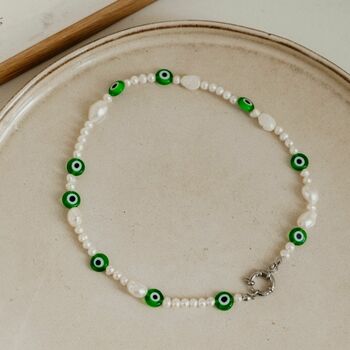 Annie 90s Style Green Evil Eye Pearl Beaded Necklace, 2 of 3
