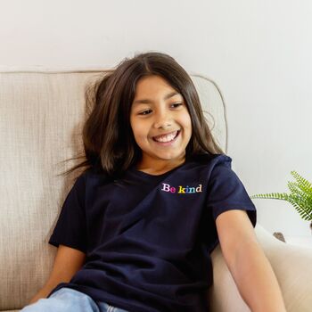Kids Navy Be Kind Embroidered Organic T Shirt, 4 of 4