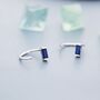Sapphire Blue Baguette Cut Cz Huggie Hoop Earrings In Sterling Silver, thumbnail 3 of 11