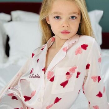 Personalised Girl's Pink Heart Long Sleeve Silky Pyjama, 4 of 4