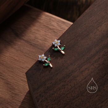 Sterling Silver Opal Blue Cz Flower Stud Earrings, 5 of 12