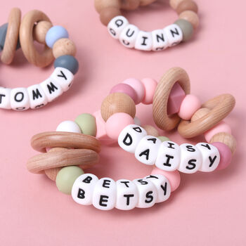 Personalised Silicone And Wood Teething Rattle, 2 of 9