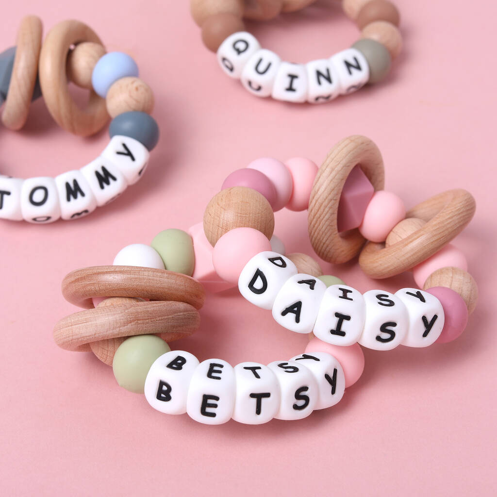 Personalised Silicone And Wood Teething Rattle, 1 of 9