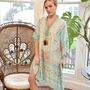 Floral Rose Border Viscose Kaftan In Turquoise With Heavy Cream Fishbone Embroidery, thumbnail 4 of 7