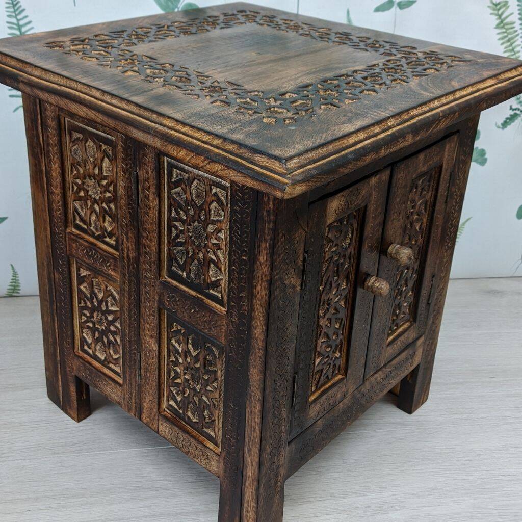 Farmhouse Moroccan Design Inspired Carved Side Table, 1 of 7
