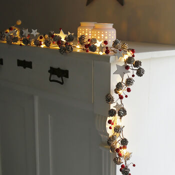 Stars And Red Berries Pinecone LED Garland By Clem & Co