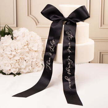 Custom Embroidered Wedding Cake Bow | Personalised Satin Ribbon Cake Topper | Bespoke Monogrammed Wraparound Ribbon | Modern Bridal Keepsake, 2 of 5