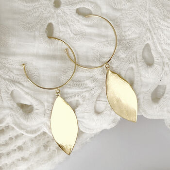 Large Leaf Gold Plated Brass Statement Hoops, 3 of 5