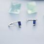 Sterling Silver Sapphire Blue Baguette Cut Cz Huggie Hoop Earrings, thumbnail 3 of 9
