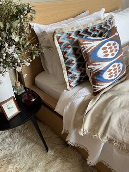 Modern, Oblong, Velvet, Ikat, Cushion With Silk Tassels Brown, Blue, Cream Herringbone Pattern Design, 7 of 10