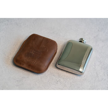 Brown Leather Cased Hip Flask 6oz In Silver / Copper, 10 of 10