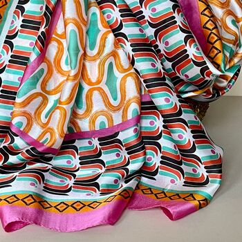 Silky Multicolour Retro Print Scarf With Pink Border, 3 of 3