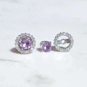 Lavender Amethyst Stud Earrings With Removable Halo, 2 of 9