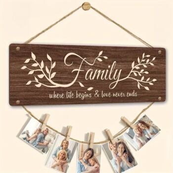 “This Is Us!” Natural Pine Photo Hanging Sign, Wooden Pegs/ Twine, 3 of 7
