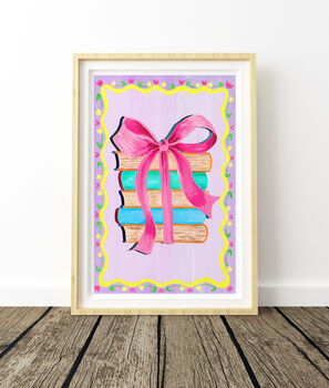 Pink And Lilac Books With Bow Nursery Print – Girls Room Wall Art, Children’s Library Illustration, 6 of 11