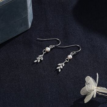 Cz Leaf And Pearl Drop Hook Earrings, 3 of 9
