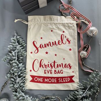 Personalised Christmas Eve Bag Natural With Red, 6 of 9