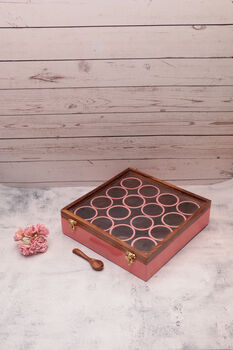 Pink Wooden Handcrafted 16 Round Compartments Spice Box, 3 of 5