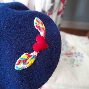 Winged Heart Hand Embroidered Adult Beret, 3 of 4