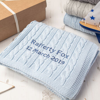 Pale Blue Cable Baby Blanket And Hat Gift Set, 2 of 11