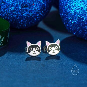 Sterling Silver Tuxedo Cat Enamel Stud Earrings, 2 of 9