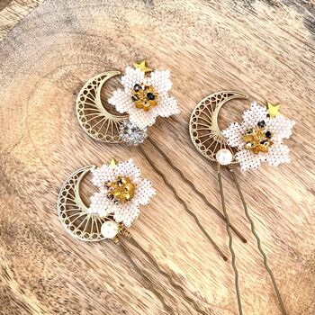 Set Of Three Floral And Celestial Bridal Hairpins, 9 of 10