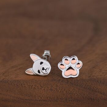 Mismatched French Bulldog And Paw Print Stud Earrings In Sterling Silver, 6 of 12