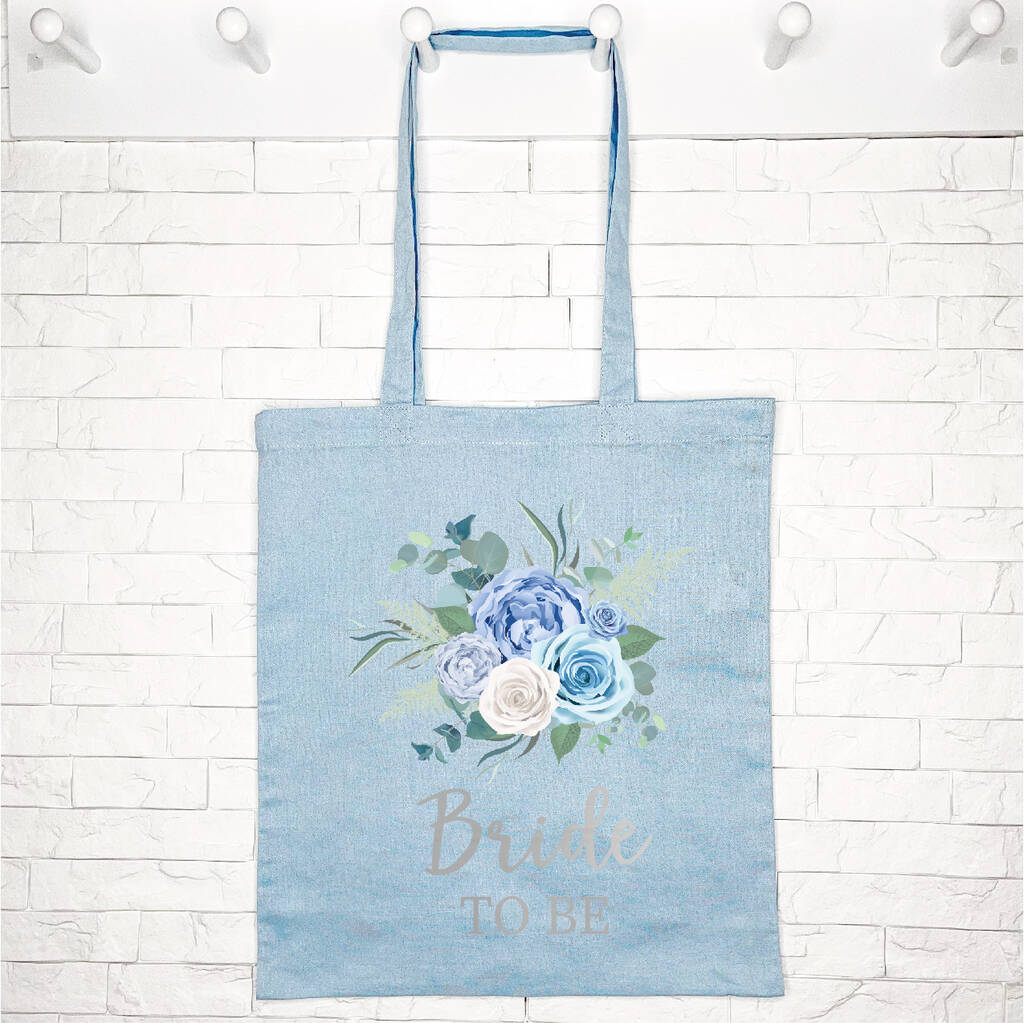 Bride To Be Blue Floral And Silver Tote Bag, 1 of 2