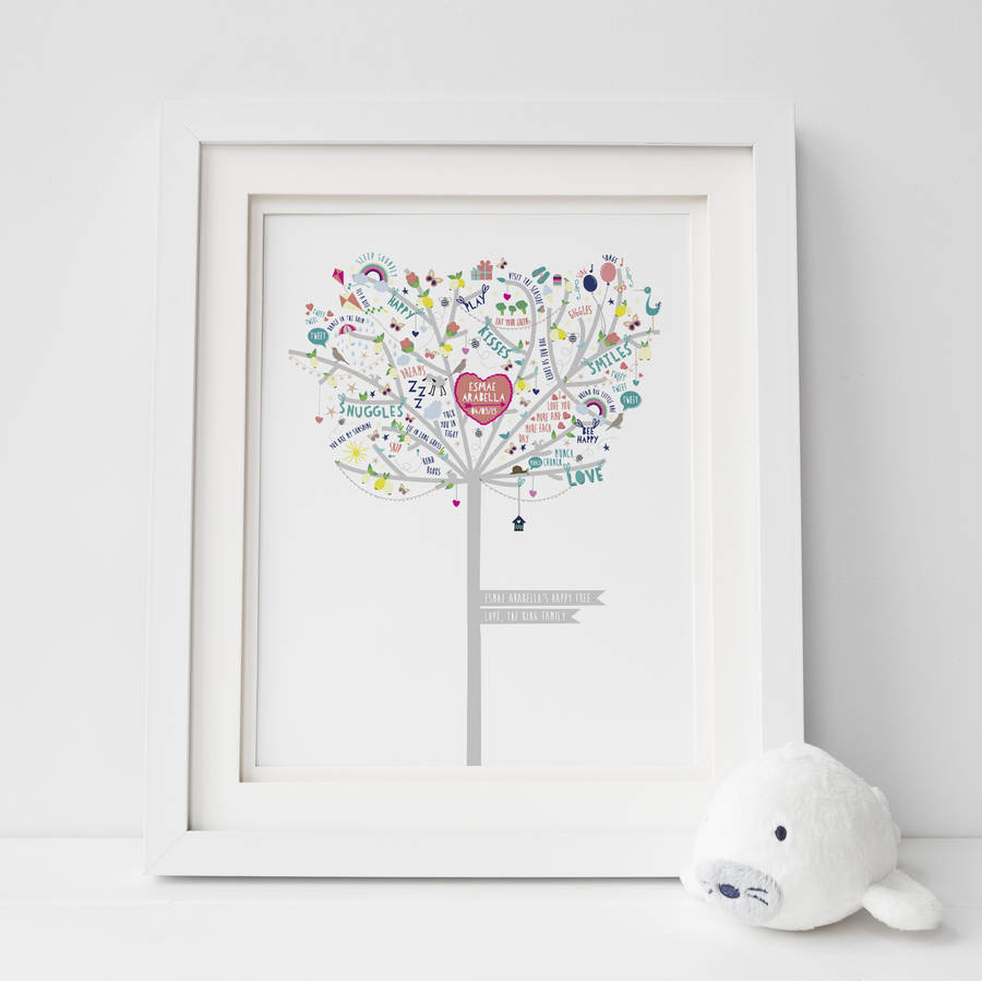 Personalised New Baby Girl Happiness Tree Print, 1 of 12