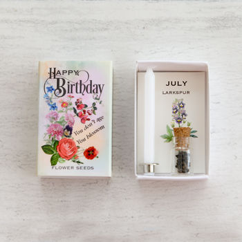 July Birth Flower Larkspur Seeds And Birthday Candle, 3 of 8