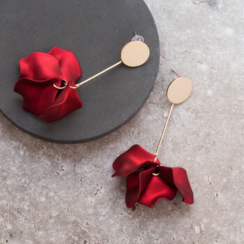 Dark Red Hand Painted Rose Flower Petal Drop Earrings, 3 of 3