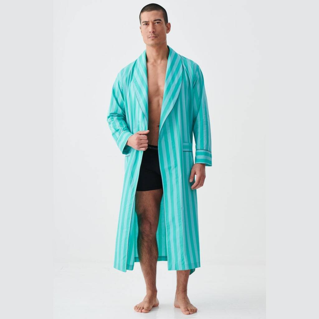 Men's 'New York Turquoise' Stripe Crisp Cotton Robe, 1 of 5