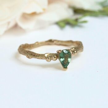 Pear Green Sapphire Nature Ring, Gold Twig Ring, 5 of 6