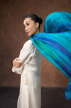 100% Mulberry Silk Scarf, Turquoise And Peacock Blue In Gift Box, 4 of 11